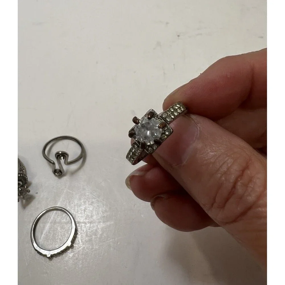 Vintage Style Silver Faux Crystal Ring Set Of 4 Halo Eternity Minimalist Bands